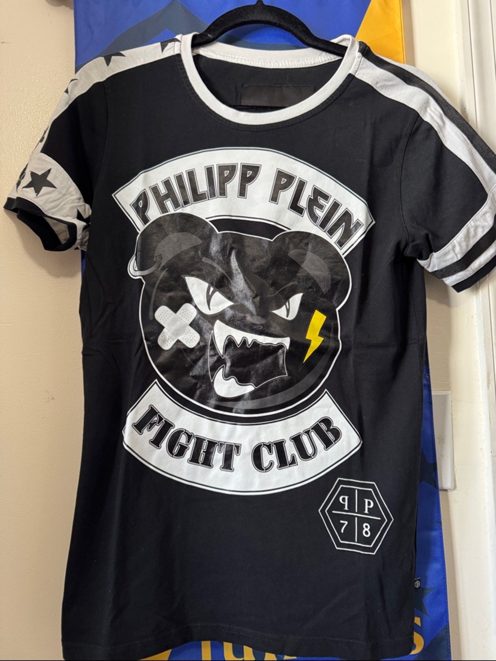 Philipp Plein Black Tee with White Accents and Yellow Lightning